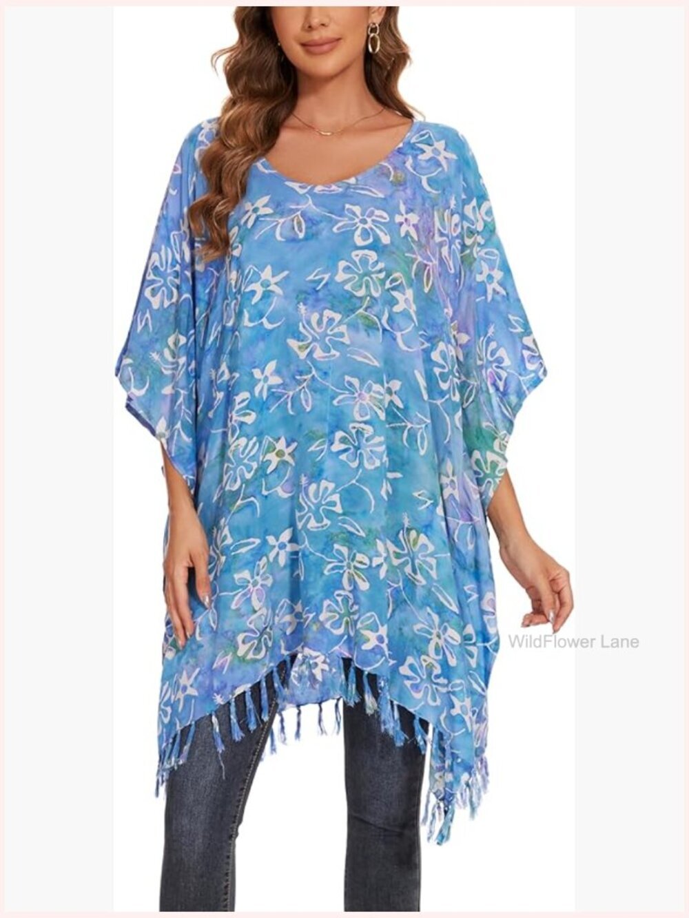Plus Size Batik Kaftan Tunic Top Short Sleeve V-Neck Rayon Loose Fit Flowy